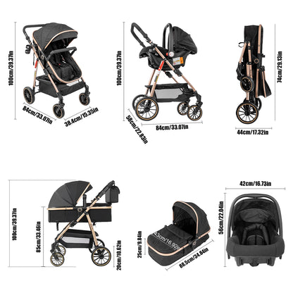 Passeggino 3-in-1 Pieghevole per Neonati con Seggiolino Auto, Sistema da Viaggio Leggero, Sicuro e Stabile, Nuovo Carrozzino