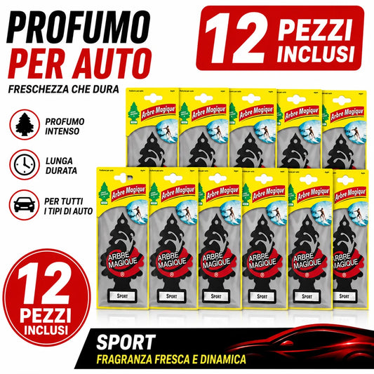 Confezione da 6, 12 o 24 Arbre Magique Sport, profumatori auto da appendere, fragranza energica e dinamica, formato scorta per auto, furgone, armadio e piccoli ambienti