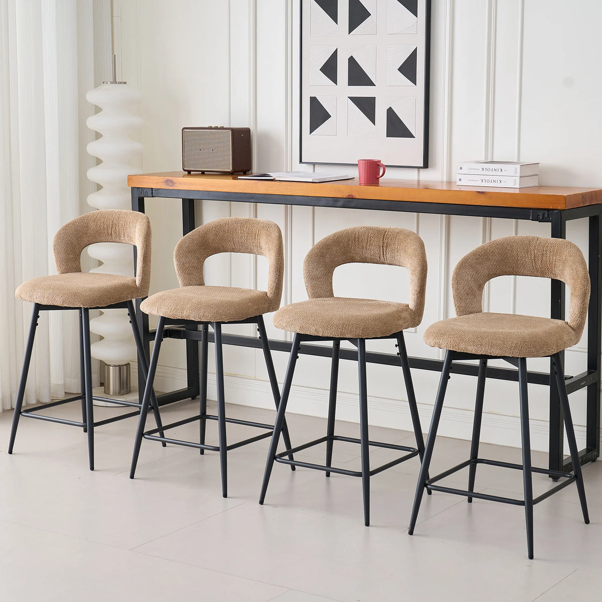 EGOONM Set da 2/4 sgabelli da bar girevoli in lino con schienale aperto e poggiapiedi, sedie da bar moderne imbottite per isola cucina, gambe in metallo nero