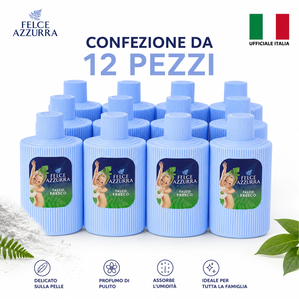 Confezione da 12 Felce Azzurra Talco Fresco 200 g, talco profumato per la cura quotidiana del corpo, 2,4 kg totali