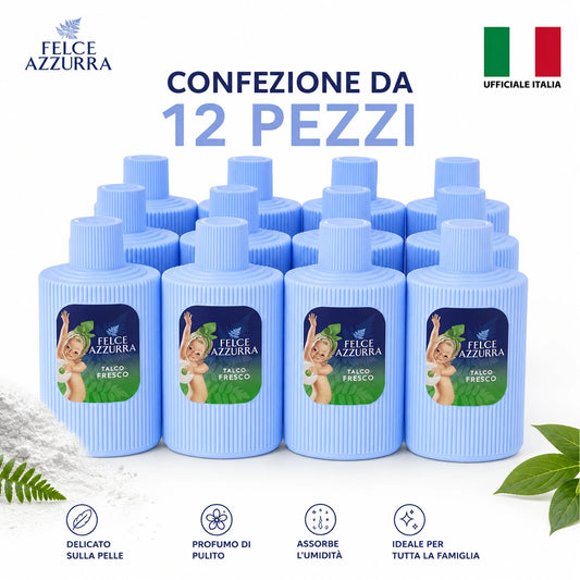 Confezione da 12 Felce Azzurra Talco Fresco 200 g, talco profumato per la cura quotidiana del corpo, 2,4 kg totali