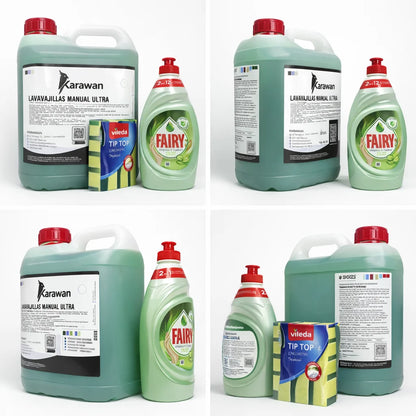 Kit Pulizia Lavastoviglie - Detergente Concentrato Ultra Karawan 5L + Fairy 340ml + Spugne Videla x5 Unità