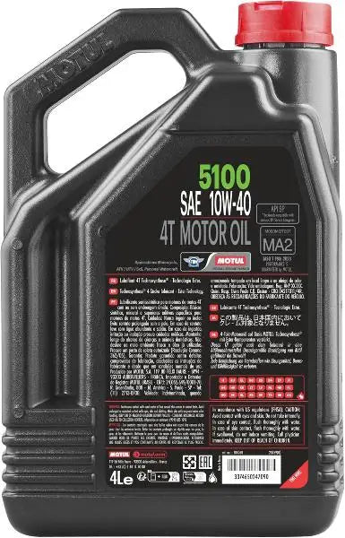MOTUL 5100 10W-40 4T 
 Lubrificante ad Alte Prestazioni per Motociclette 
 Per l'uso quotidiano e le attività ricreative 
 Tecnosintesi ®   – Esther 
 Contenitore da 4 litri.