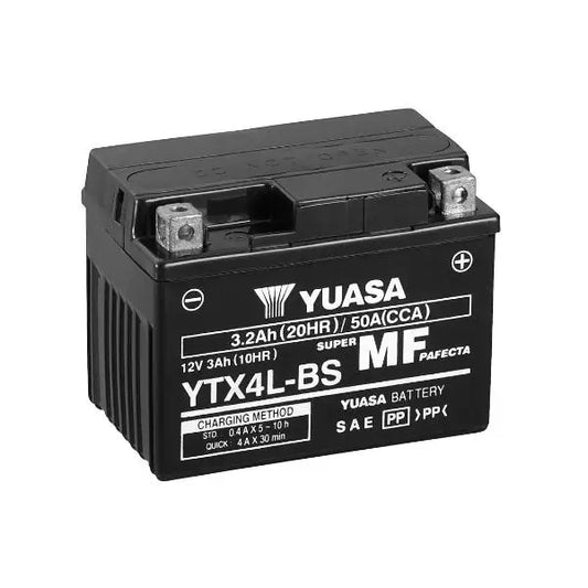 Batteria per moto YUASA YTX4L-BS 
 12V 3.2Ah 50Amp. AGM .. 
 Gamma YTX ®   e YT ad alte prestazioni e senza manutenzione. 
 Misure: 
 Lunghezza 	 114 mm 
 Larghezza 	 71 mm 
 Altezza 	 86 mm