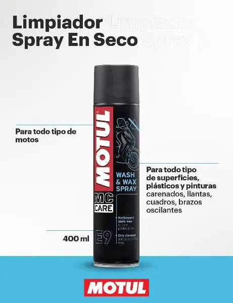 MOTUL MC CARE E9 SPRAY LAVAGGIO E CERA 
 Lavanderia a secco esterna 
 Pulisce e lucida plastica e vernici 
 Spray 
 Contenitore da 400 ml