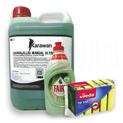 Kit Pulizia Lavastoviglie - Detergente Concentrato Ultra Karawan 5L + Fairy 340ml + Spugne Videla x5 Unità