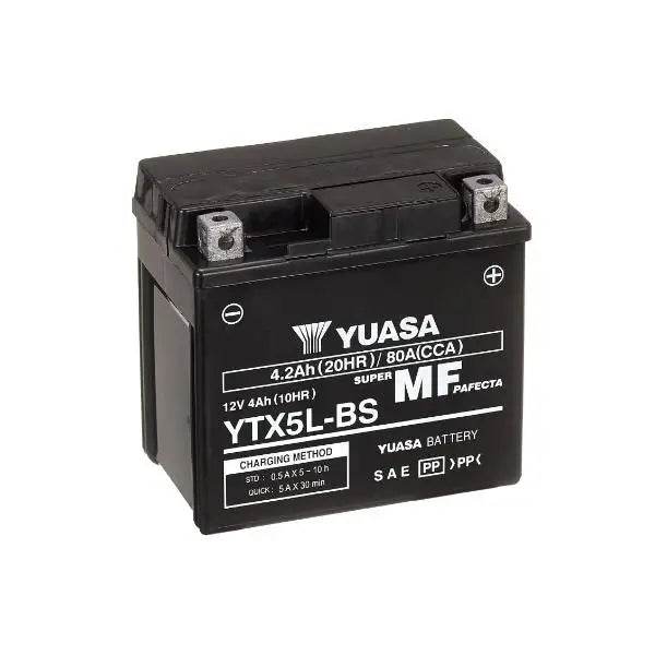 Batteria per moto YUASA YTX5L-BS 
 12V 4.2Ah 80Amp. AGM .. 
 Gamma YTX ®   e YT ad alte prestazioni e senza manutenzione. 
 Misure: 
 Lunghezza 	 115 mm 
 Larghezza 	 72 mm 
 Altezza 	 107 mm