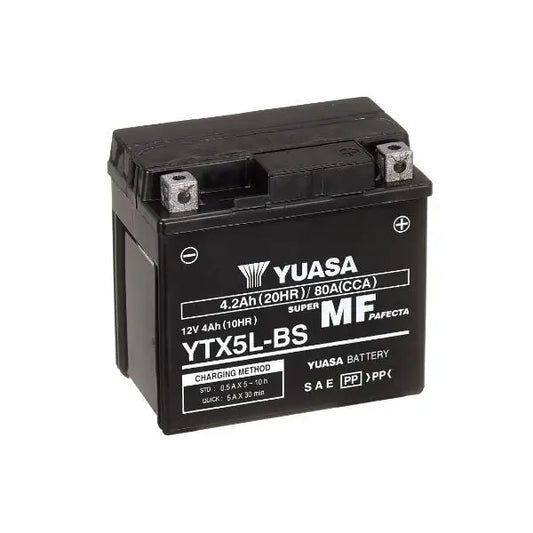 Batteria per moto YUASA YTX5L-BS 
 12V 4.2Ah 80Amp. AGM .. 
 Gamma YTX ®   e YT ad alte prestazioni e senza manutenzione. 
 Misure: 
 Lunghezza 	 115 mm 
 Larghezza 	 72 mm 
 Altezza 	 107 mm