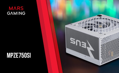 Mars Gaming MPZE750SI, alimentatore ATX 750W, 10 anni di garanzia, argento 80 Plus, efficienza +87%, tecnologia AI2-RPM, DC-DC e SMD, PFC-Active, condensatori giapponesi Toshin Kyogo 105o, sorgente PC bianca