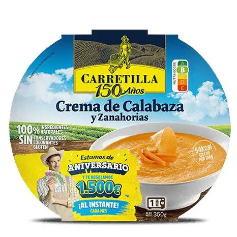 carriola in crema di zucca e carota 7 unità da 350 grammi di piatti pronti in 1 minuto, ingredienti naturali al 100% senza glutine, senza conservanti, senza colori.