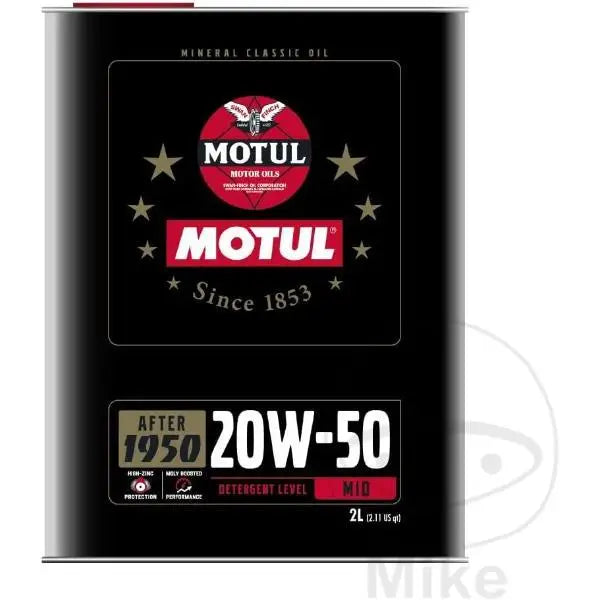 MOTUL CLASSIC PERFORMANCE 20W-50 
 Olio lubrificante per motori a benzina e diesel 
 Per Auto e Veicoli Classici 
 Minerale Multigrado 
 Contenitore da 2 litri.