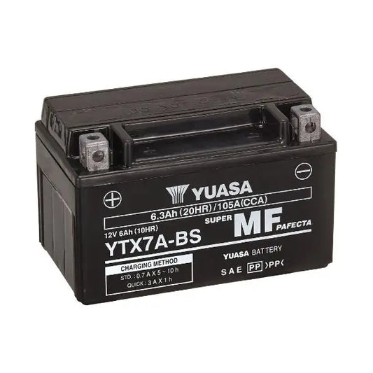 Batteria per moto YUASA YTX7A-BS 
 12V 6.3Ah 105Amp. AGM.. 
 Gamma YTX ®   e YT ad alte prestazioni e senza manutenzione. 
 Misure: 
 Lunghezza: 150 mm. 
 Larghezza: 87 mm. 
 Altezza: 93 mm.
