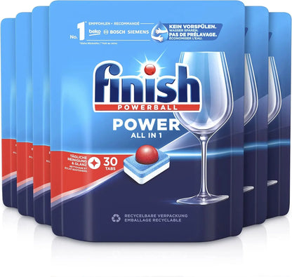 Finish Power All in 1 - Confezione da 5 confezioni da 25+25 (250) compresse o confezione da 2 confezioni da 25+25 (100) compresse per lavastoviglie senza fosfato, con Powerball per rimuovere le macchie di grasso più difficil