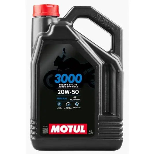 MOTUL 3000 20W-50 4T 
 Lubrificante per motori di motociclette 
 Motore 4T con Frizione e Cambio Integrati 
 Minerale. 
 Contenitore da 4 litri.