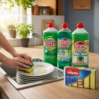 Confezione Lavastoviglie - Lagarto Ultra 750ml + Kiriko Ultra Concentrato 750ml + Kiriko Extra Concentrato + Potere Sgrassante 1L + Spugne Lavapiatti Videla x5 Unità