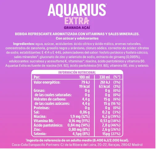 Aquarius Extra Granada Açaí, NUOVA Bevanda a Basso Contenuto Calorico, 24x330 ml