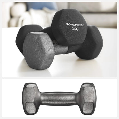 SONGMICS Set di Manubri, 3 Paia, 2 x 1kg, 2 x 2kg, 2 x 3kg, Supporto per Riporre, Palestra e Bodybuilding, Rivestimento Antiscivolo in Neoprene