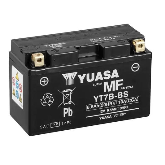 Batteria per moto YUASA YT7B-BS 
 12V 6.8Ah 110Amp. AGM .. 
 Gamma YTX ®   e YT ad alte prestazioni e senza manutenzione. 
 Misure: 
 Lunghezza 	 150 mm 
 Larghezza 	 65 mm 
 Altezza 	 93 mm