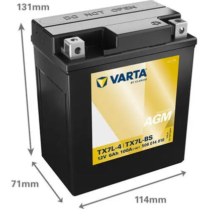 VARTA YTX7L-BS 12V 6AH 100A 
 POWERSPORTS AGM 506 014 010 
 Misure: 
 Lunghezza 114 mm 
 Larghezza 71 mm 
 Altezza 131 mm