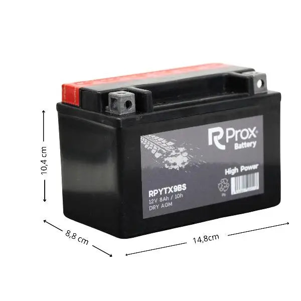 Batteria per moto YTX9-BS AGM ad alta potenza 12V 8Ah 135A. Massima potenza di avviamento. Batteria RC Prox prodotta in Europa.