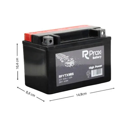 Batteria per moto YTX9-BS AGM ad alta potenza 12V 8Ah 135A. Massima potenza di avviamento. Batteria RC Prox prodotta in Europa.