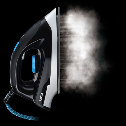 Centro stirante Jocca 2400W, piastra in ceramica Silver MAX, 5 bar, vapore continuo/verticale, colpo vapore, auto-pulizia antical, serbatoio 2L, temperatura regolabile, riscaldamento rapido. Stiratura professionale a casa.