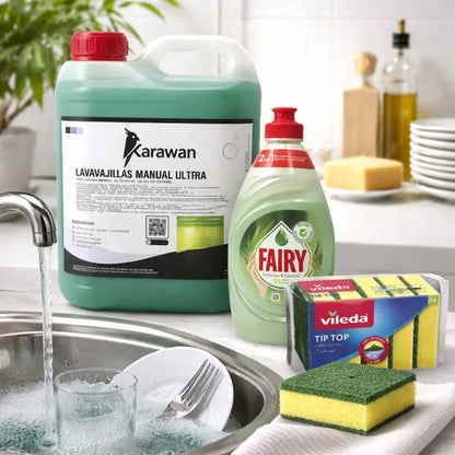 Kit Pulizia Lavastoviglie - Detergente Concentrato Ultra Karawan 5L + Fairy 340ml + Spugne Videla x5 Unità