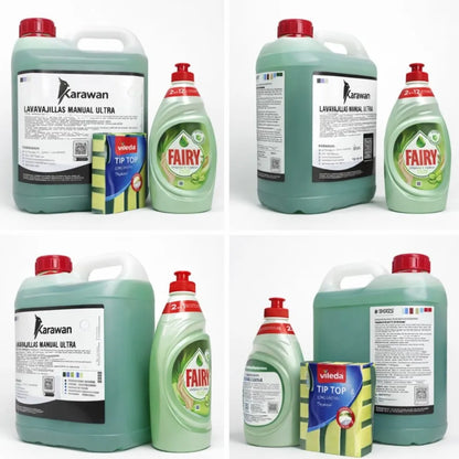 Kit Pulizia Lavastoviglie - Detergente Concentrato Ultra Karawan 5L + Fairy 340ml + Spugne Videla x5 Unità