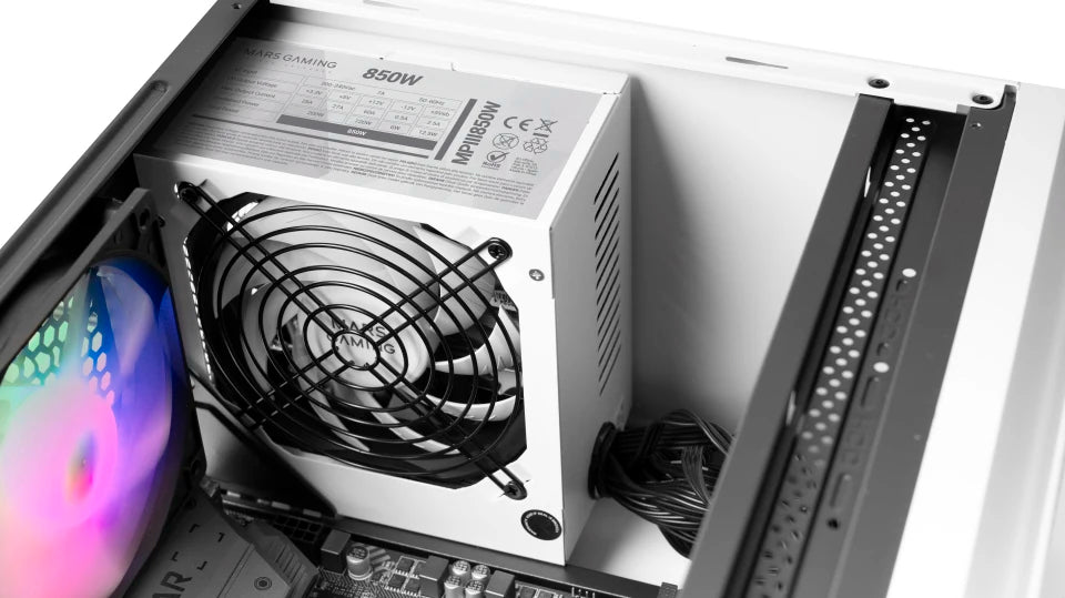 Mars Gaming MPIII850, Alimentatore per PC ATX 850W, 5 anni di garanzia, Tecnologia AI-RPM silenziosa, Efficienza 85%, Alimentatore per giochi in bianco o nero