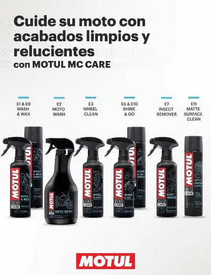 MOTUL MC CARE E1 LAVAGGIO E CERA. 
 Lavanderia a secco esterna 
 Pulisce e lucida plastica e vernici 
 Contenitore spray 
 Contenitore da 400 ml
