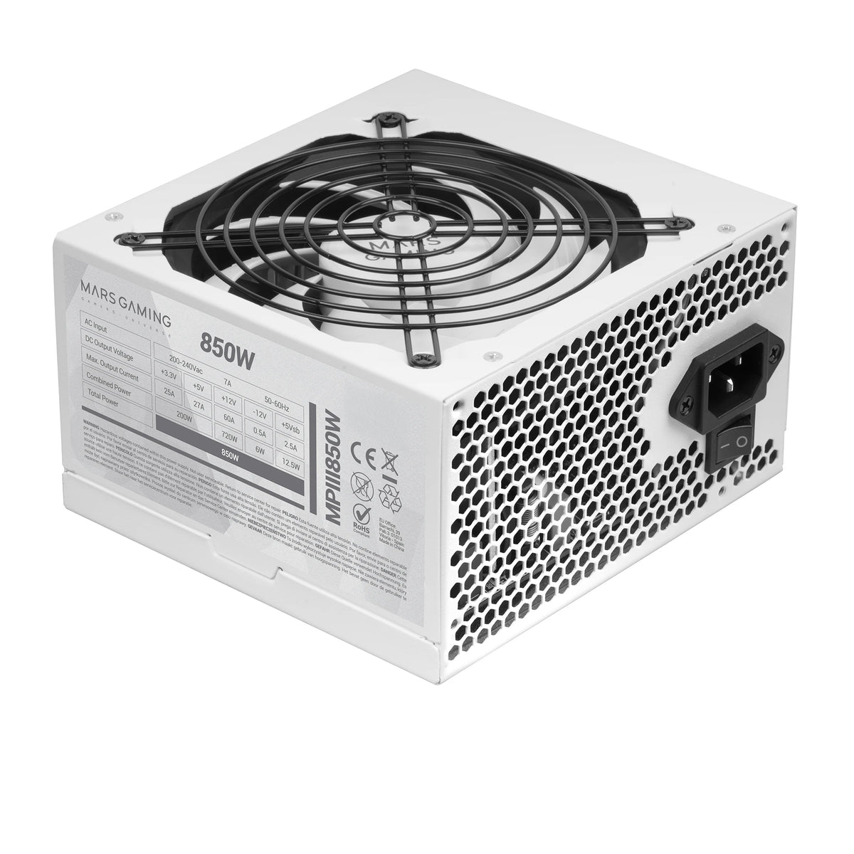 Mars Gaming MPIII850, Alimentatore per PC ATX 850W, 5 anni di garanzia, Tecnologia AI-RPM silenziosa, Efficienza 85%, Alimentatore per giochi in bianco o nero