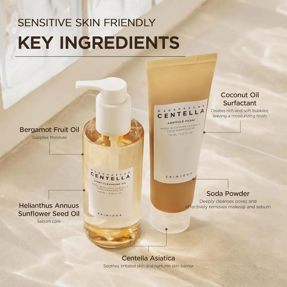 Pack SKIN1004 Madagascar Centella Double Cleansing Duo | Olio Detergente Leggero 200 ml + Schiuma Ampolla 125 ml | Doppia detersione lenitiva che rimuove il trucco e pulisce i pori in profondità