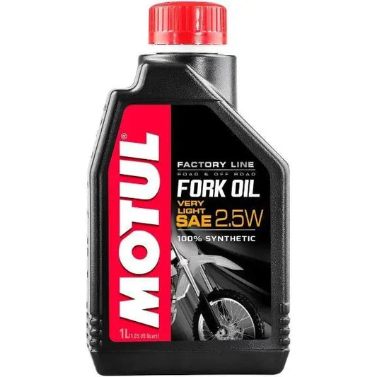 LINEA DI OLI PER FORCELLE MOTUL FACTORY MOLTO LEGGERI 2.5W 
 Fluido Idraulico ad Alte Prestazioni per tutti i tipi di 
 forche telescopiche 
 100% sintetico 
 MOLTO LEGGERO 
 Contenitore da 1 litro.