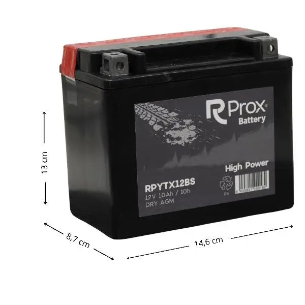 Batteria per moto YTX12-BS AGM ad alta potenza 12V 10Ah 180A. Massima potenza di avviamento. Batteria RC Prox prodotta in Europa.