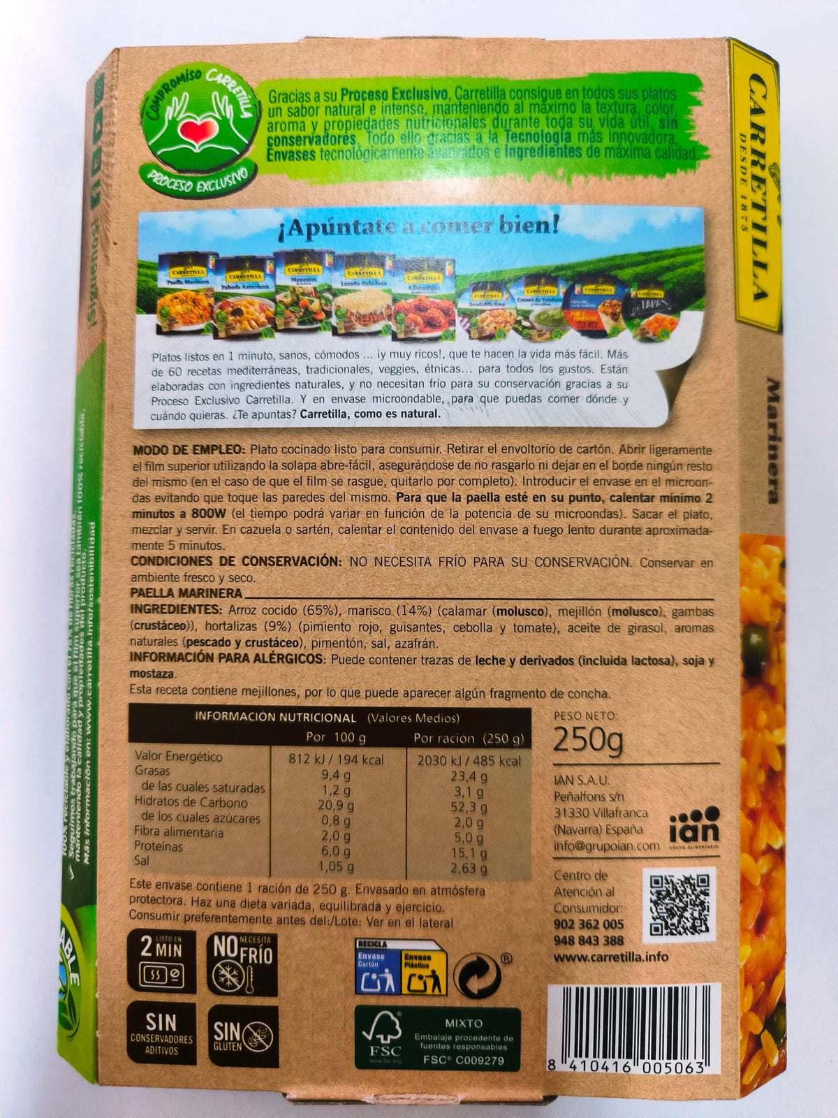 Cartella Paella Marinera 10 unità 250GR 14% Frutti di mare naturali al 100% senza conservanti senza additivi Senza glutine