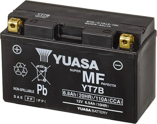 Batteria per moto YUASA YT7B-BS 
 12V 6.8Ah 110Amp. AGM .. 
 Gamma YTX ®   e YT ad alte prestazioni e senza manutenzione. 
 Misure: 
 Lunghezza 	 150 mm 
 Larghezza 	 65 mm 
 Altezza 	 93 mm