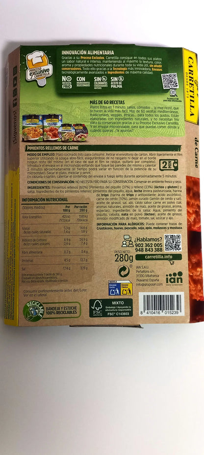 Peperoni Piquillo Ripieni di Carne Forklift - 10 Unità da 280 gr. Piatto pronto in 2 minuti, realizzato con ingredienti selezionati, senza conservanti, coloranti, olio di palma o additivi.