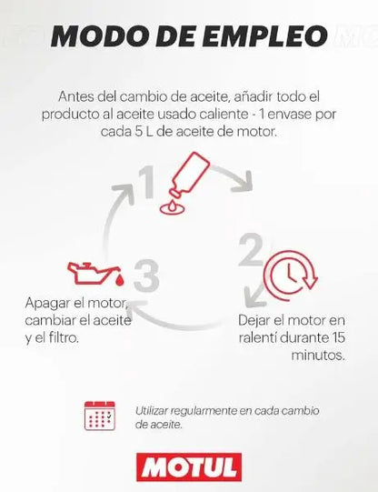 MOTUL FLUSH PER MOTORE AUTO 
 Additivo detergente per motore da aggiungere all'olio motore prima 
 cambio 
 Per motori a benzina e diesel 
 Contenitore da 300 ml