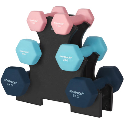 SONGMICS Set di Manubri, 3 Paia, 2 x 1kg, 2 x 2kg, 2 x 3kg, Supporto per Riporre, Palestra e Bodybuilding, Rivestimento Antiscivolo in Neoprene
