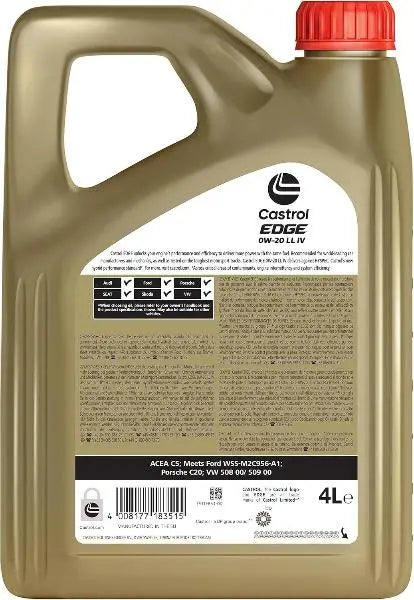 Castrol EDGE 0W-20 LL IV 4L Olio Motore 
 È adatto per l'uso in veicoli automobilistici a benzina e diesel, dove il produttore 
 consiglia: ACEA C5, C6, 0W-20. 
 Contenitore da 4 litri.