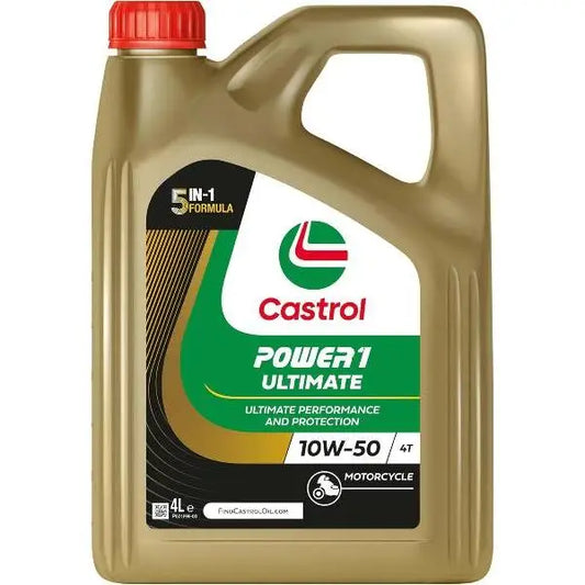CASTROL POWER1 ULTIMATE 4T 10W50 4L Olio Motore 
 Castrol POWER1 ULTIMATE è un lubrificante 100% sintetico adatto a tutte le marche di motociclette a 4 tempi. 
 Contenitore da 4 litri.