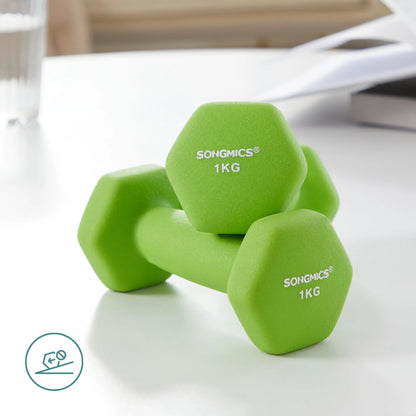 SONGMICS Set di Manubri, 3 Paia, 2 x 1kg, 2 x 2kg, 2 x 3kg, Supporto per Riporre, Palestra e Bodybuilding, Rivestimento Antiscivolo in Neoprene