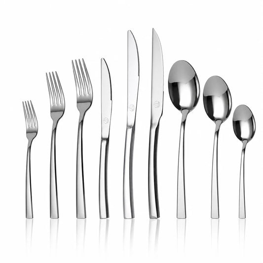 Set di Posate Mr.Spoon Serie Mountain 12 Pezzi in Acciaio Inox 18/0 Argento – Coltello da Bistecca, Forchetta, Cucchiaio da Zuppa, Dessert e Caffè – Posate Moderne e Resistenti, Lavabili in Lavastoviglie per Cucina, Casa