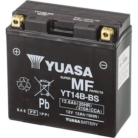 Batteria per moto YUASA YT14B-BS 
 12V 12.6Ah 210A(EN) - AGM - 
 Gamma YTX ®   e YT ad alte prestazioni e senza manutenzione. 
 Misure: 
 Lunghezza 	 150 mm 
 Larghezza 	 70 mm 
 Altezza 	 145 mm