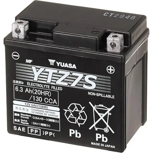 Batteria per moto YUASA YTZ7S 
 12V 6.3Ah 130Amp. AGM .. 
 Gamma YTZ ®   Alte prestazioni senza manutenzione. 
 Misure: 
 Lunghezza 	 113 mm 
 Larghezza 	 70 mm 
 Altezza 	 105 mm