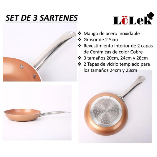 Set di 3 padelle con rivestimento antiaderente doppio strato 20, 24 e 28 cm, 2 coperchi in vetro, manico in acciaio, LoLek
