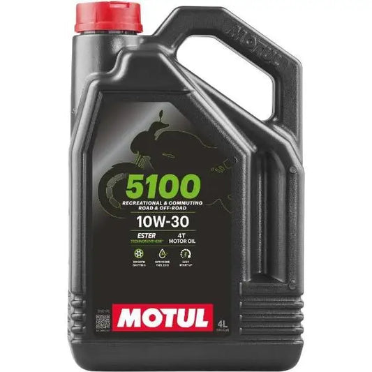 MOTUL 5100 10W-30 4T 
 Lubrificante per motociclette ad alte prestazioni 
 Ricreativo e pendolarismo 
 Tecnosintesi ®   – Esther 
 Contenitore da 4 litri.