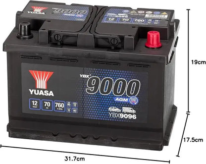 YUASA YBX9096 70AH 760A Batteria Auto Start-Stop Plus 
 Posizione terminale: + Destra positiva. 
 Misure: Lunghezza: 	 Larghezza: 278 mm   Altezza: 175 mm   Profondità: 190 mm