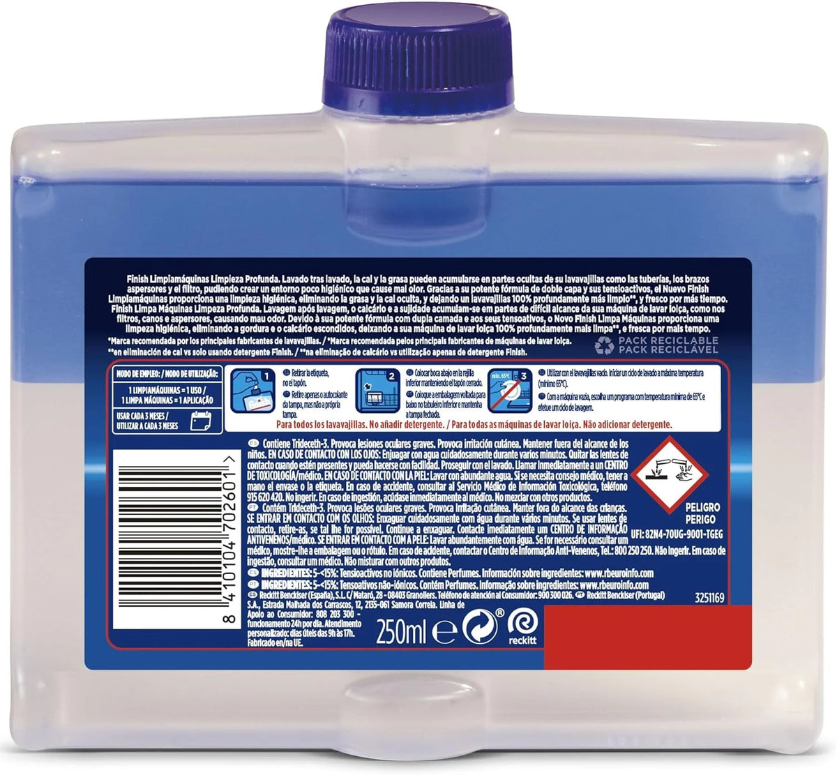 Finish Detergente per Macchine, Detergente per lavastoviglie contro cattivi odori, calcare e grasso dalla lavastoviglie, 4 unità x 250 ml, Totale 1 litro