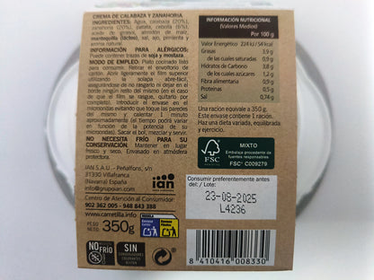 carriola in crema di zucca e carota 7 unità da 350 grammi di piatti pronti in 1 minuto, ingredienti naturali al 100% senza glutine, senza conservanti, senza colori.